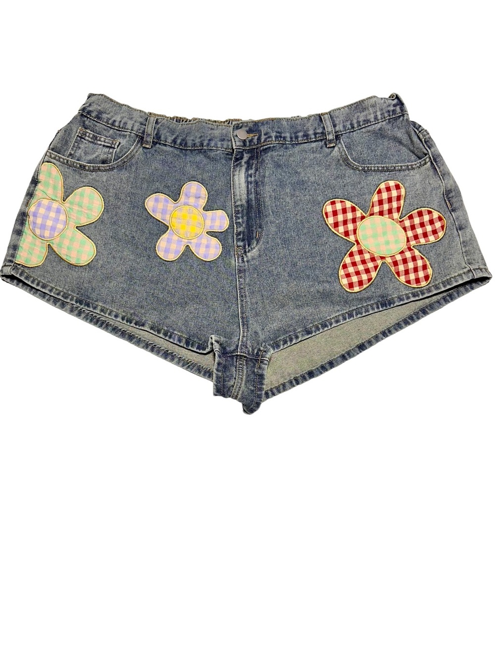 ROMWE Daisy Patch Denim Shorts 4XL Y2K Gingham Flower Elastic Back